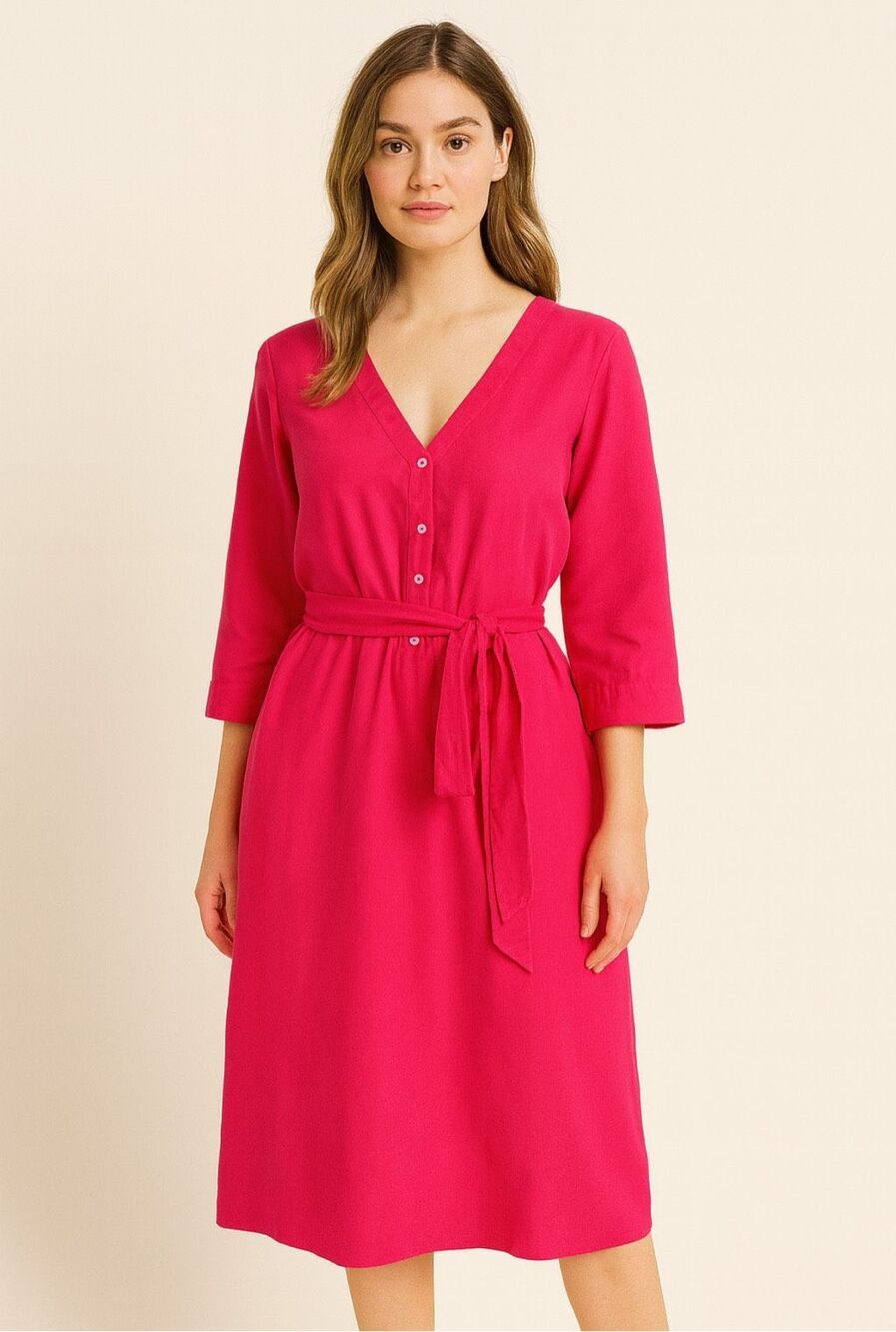 Rosso35 100% Linen Belted Midi Shirt Dress Fuchsia Pink Italy US 14